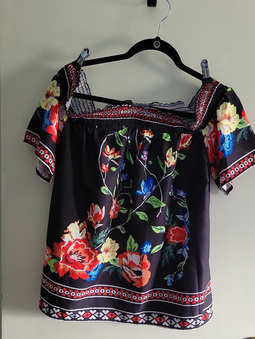 Mexican Inspured-SHEIN Black Off-Shoulder Floral Smocked Tunic